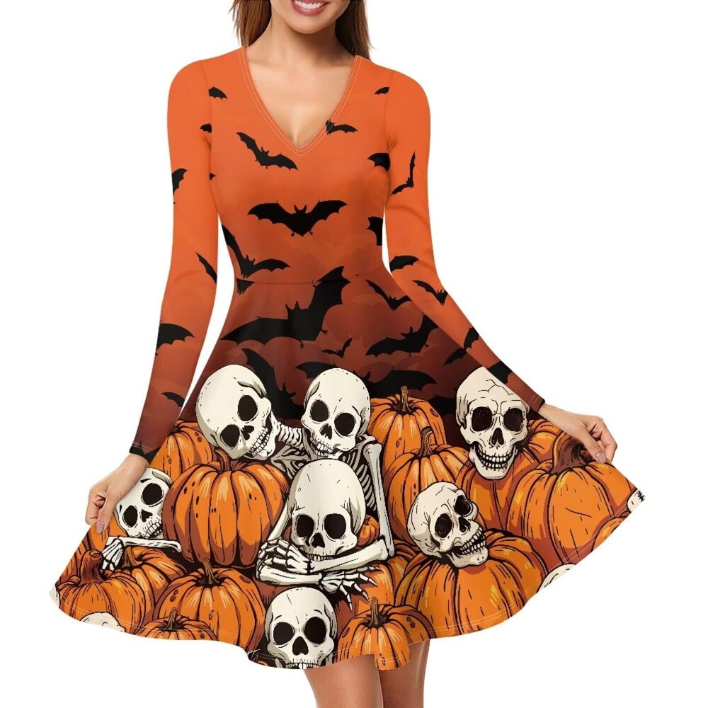 1553 Halloween Dress Plus Size Pumpkin Orange Dresses Bat Skirt V Neck Long